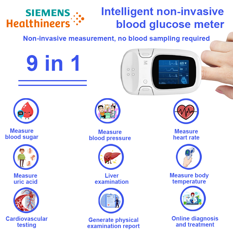 【9 en 1】Medidor de glucosa en sangre inteligente y no invasivo (Medición de glucosa en sangre no invasiva + medición de presión arterial + medición de ácido úrico + medición de temperatura corporal + generación de informes de examen físico + diagnóstico y tratamiento en línea + prueba de glucosa en sangre). función hepática + pruebas cardiovasculares + medición de la frecuencia cardíaca)